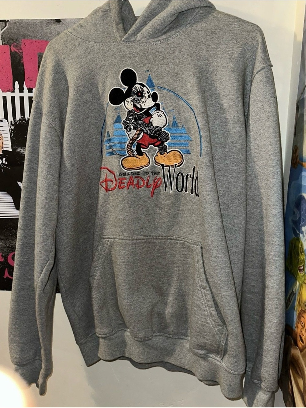 Gray 'Deadly World' Mickey Graphic Hoodie